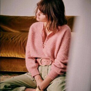 EUC Sézane Leon Wool Mohair Henley Sweater Pink Medium